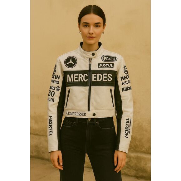 Vintage Mercedes Vegan Leather Crop Jacket F1, Motor sport Racing Size XS/S - Picture 1 of 7